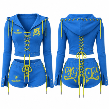 Women's Royal Blue Lace-Up Cropped Hoodie & Shorts Set