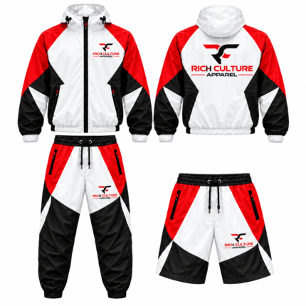 Premium Red, White & Black Colorblock Tracksuit Set with Shorts