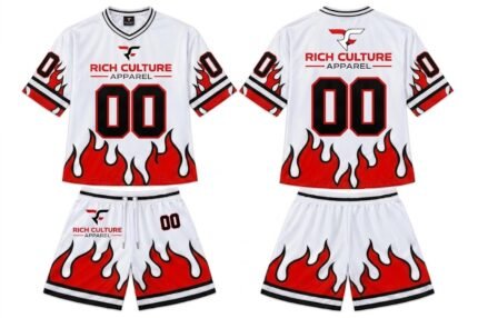 Custom White & Red Flame Print Sports Jersey and Shorts Set